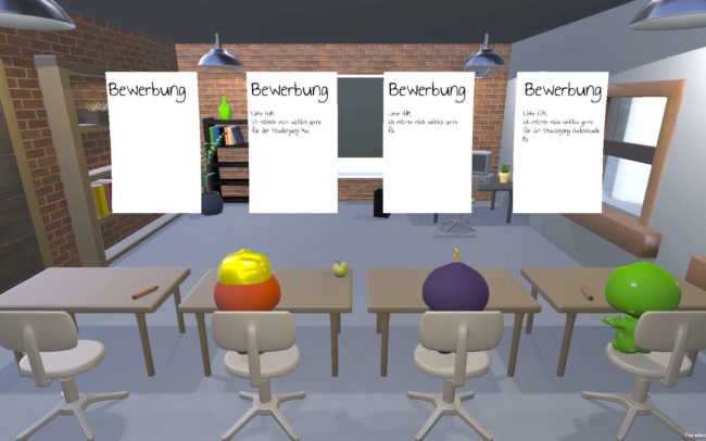 Three characters of the game gAMe40 writing their application for the Stuttgart Media University.