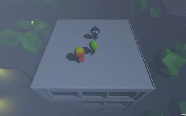 Three characters of the game gAMe40 on top of the roof of the cube of Stuttgart Media University at night.