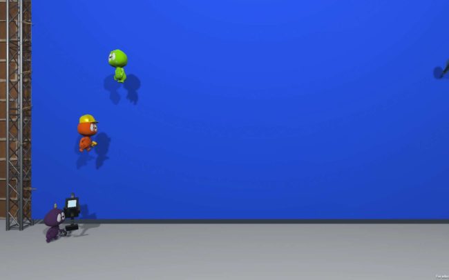 Three characters of the game gAMe40 in front of a bluescreen, evading incoming obstacles.