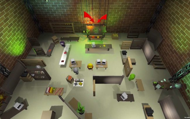 Three characters of the game gAMe40 in a room of the Stuttgart Media University seaarching for the goal.