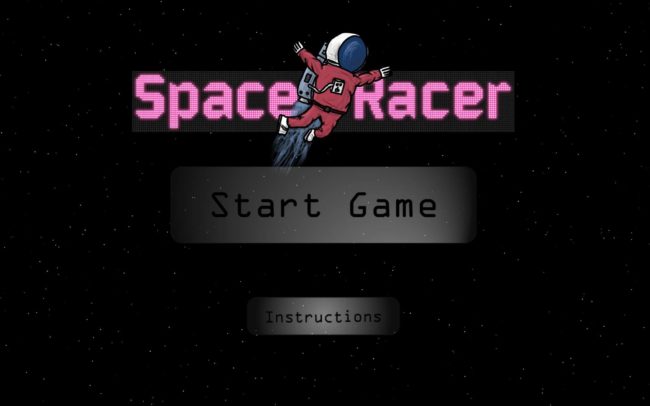The launch screen for the game space racer with the title and buttons for navigation.