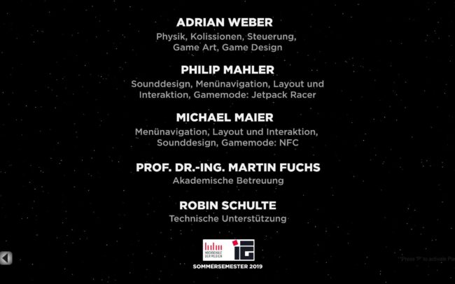 A list of all creators of the game Space Racer from the Stuttgart Media University.