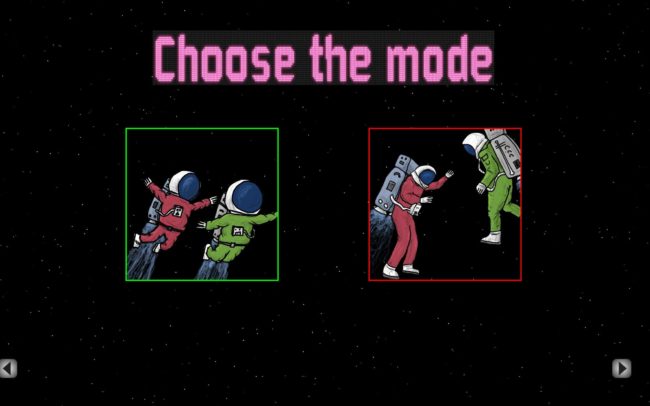 The Gamemode selection screen with two astronauts in the seperate gamemodes.