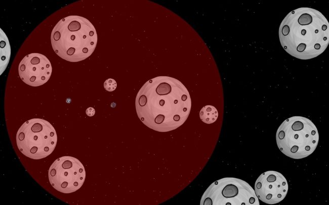 A screenshot from the game space racer with the asteroids and the two astronauts.