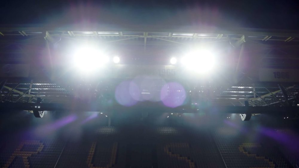 The floodlights of the Signal Iduna Park, the stadium of the Borussia Dortmund football club.