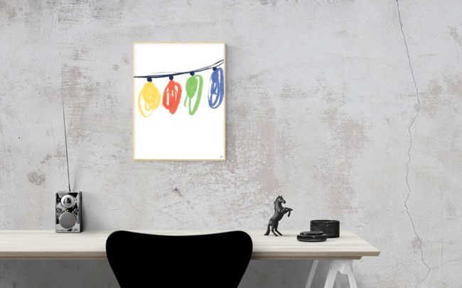 A mockup of three abstractly painted lightbulbs hanging on a wire on white background.