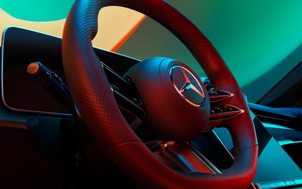 The steering wheel of the Mercedes EQS shot at Halostage by Amos Fricke with Adrian Weber