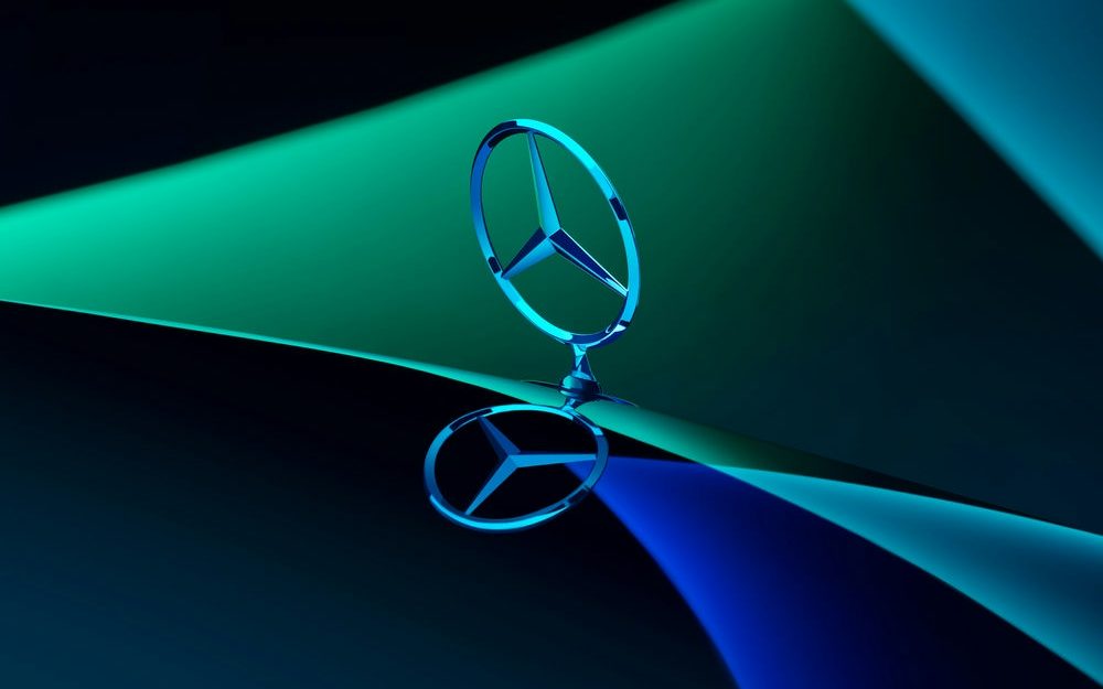 The Mercedes Star of the Mercedes EQS shot at the Halostage by Amos Fricke with Adrian Weber