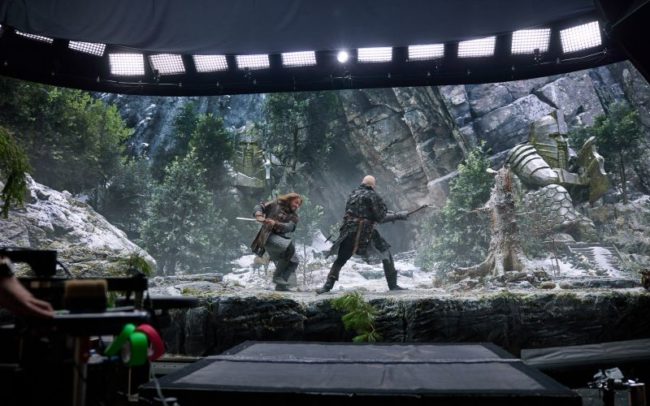 Two dwarfes fighting each other on the top of a mountain in front of an LED wall at the Bavaria Studios in Munich, Supervised by Adrian Weber.