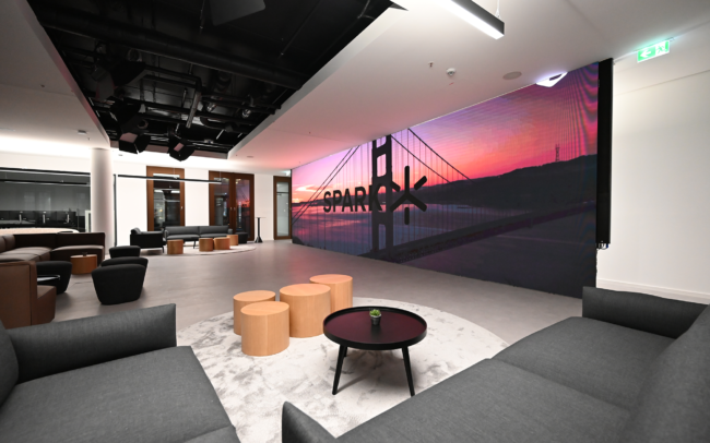 The sixth floor of the Spark Stages in Frankfurt in Germany. It includes fancy office furniture and an LED wall.