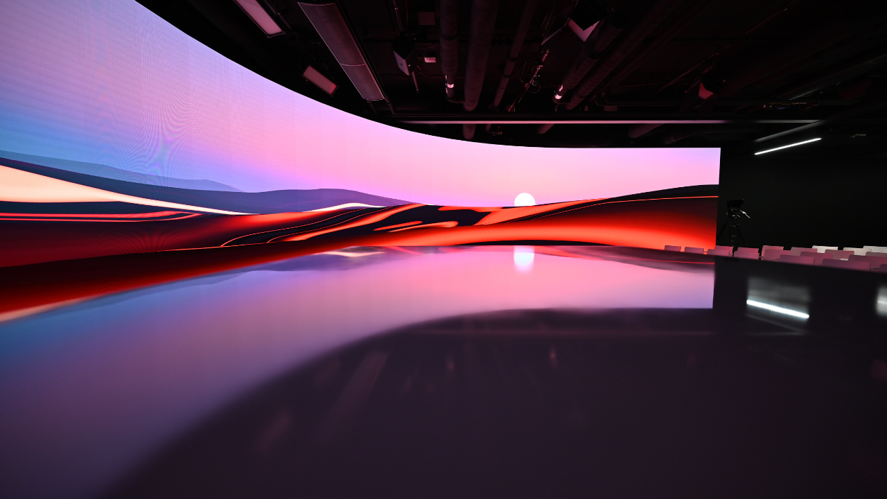 The Spark stage on the fourth floor in Frankfurt in darkness with a beautiful screensaver.