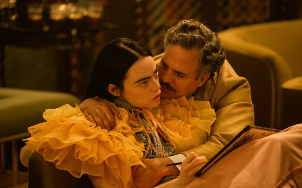 Emma Stone and Mark Ruffalo on the set of Poor Things in Budapest in the sleeping room on a ship in front of an LED wall built by Adrian Weber.