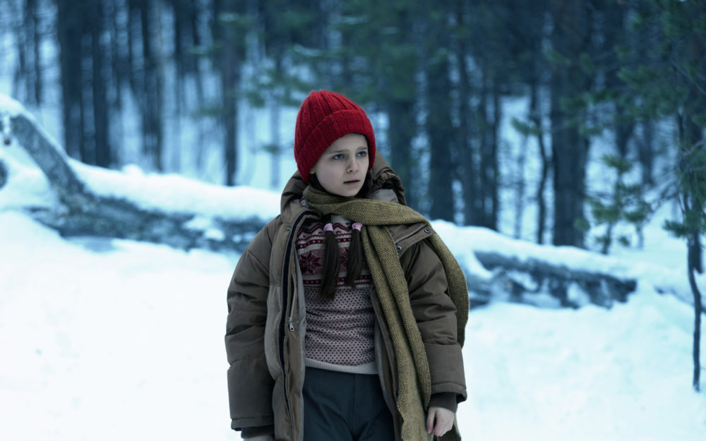 Davina Coleman in a snowy forest for the Apple TV+ Series Constellation with Virtual Production Supervision by Adrian Weber.